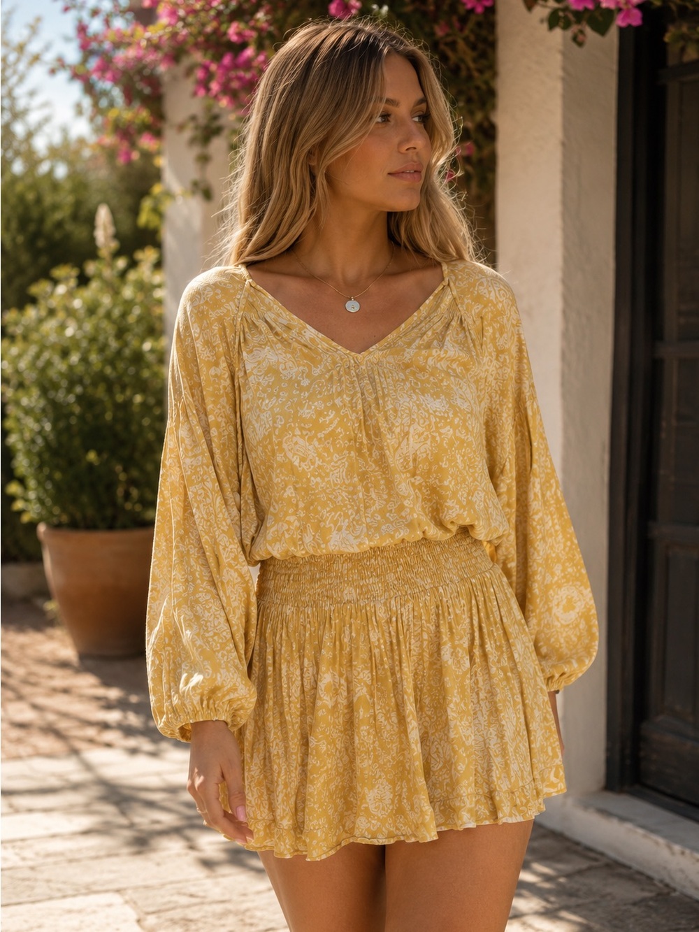 Indah Yellow Floral Long Sleeve Dress